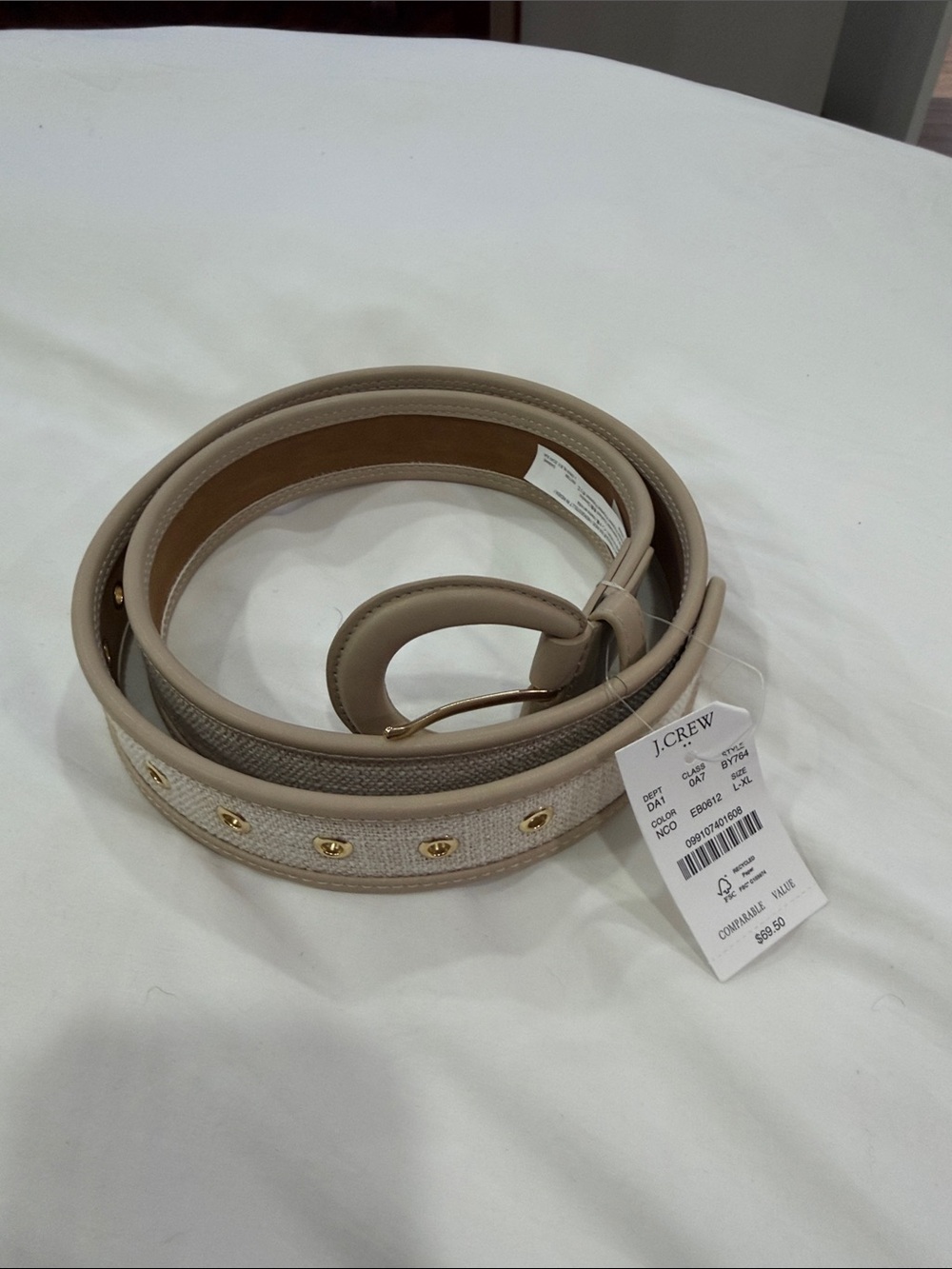J. Crew Beige Canvas and Leather Belt with Gold Studs